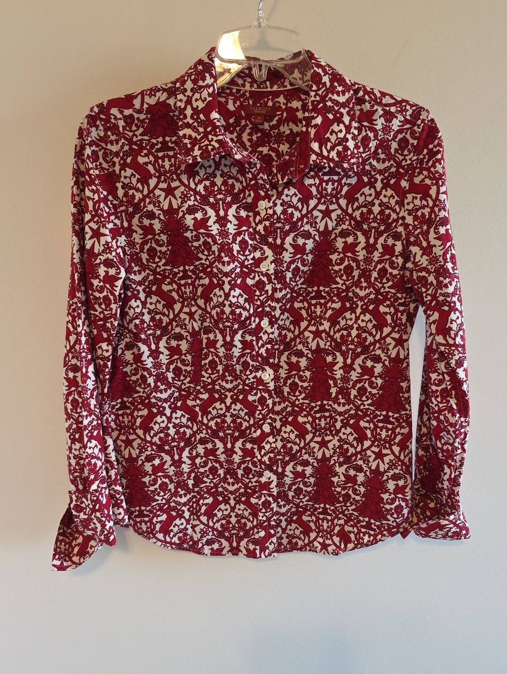 Talbots Shirt Womens 8 Red Printed Button-Down Haberdashery Holiday Christmas